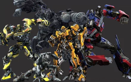 A dynamic HD desktop wallpaper featuring iconic Transformers characters, showcasing their detailed designs and striking poses against a dark background.