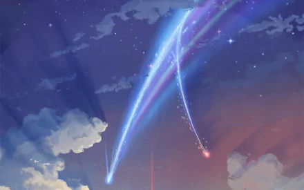 A HD desktop wallpaper featuring an anime aesthetic from Your Name., depicting a beautiful sky with shooting stars and clouds at dusk.