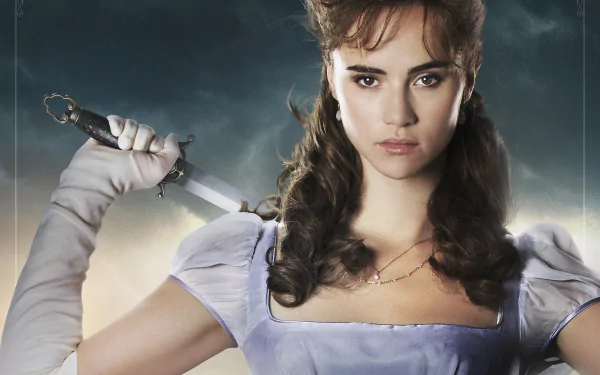 HD PC desktop wallpaper featuring a fierce female character from the movie Pride and Prejudice and Zombies, holding a knife against a dramatic sky backdrop.