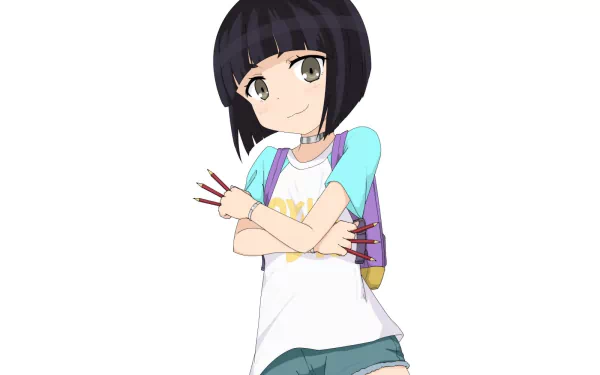 HD PC desktop wallpaper featuring Otome Saotome from the anime Shimoneta, depicted with short black hair and a casual outfit, standing with arms crossed.