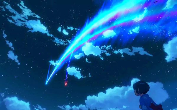 HD desktop wallpaper of Mitsuha Miyamizu from Your Name, featuring her gazing at a vibrant night sky with a glowing comet and scattered clouds.