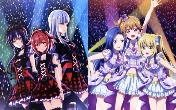 Anime-style 4K Ultra HD desktop wallpaper featuring two idol groups from Idol Memories, one in dark outfits, the other in light, vibrant costumes performing on stage.