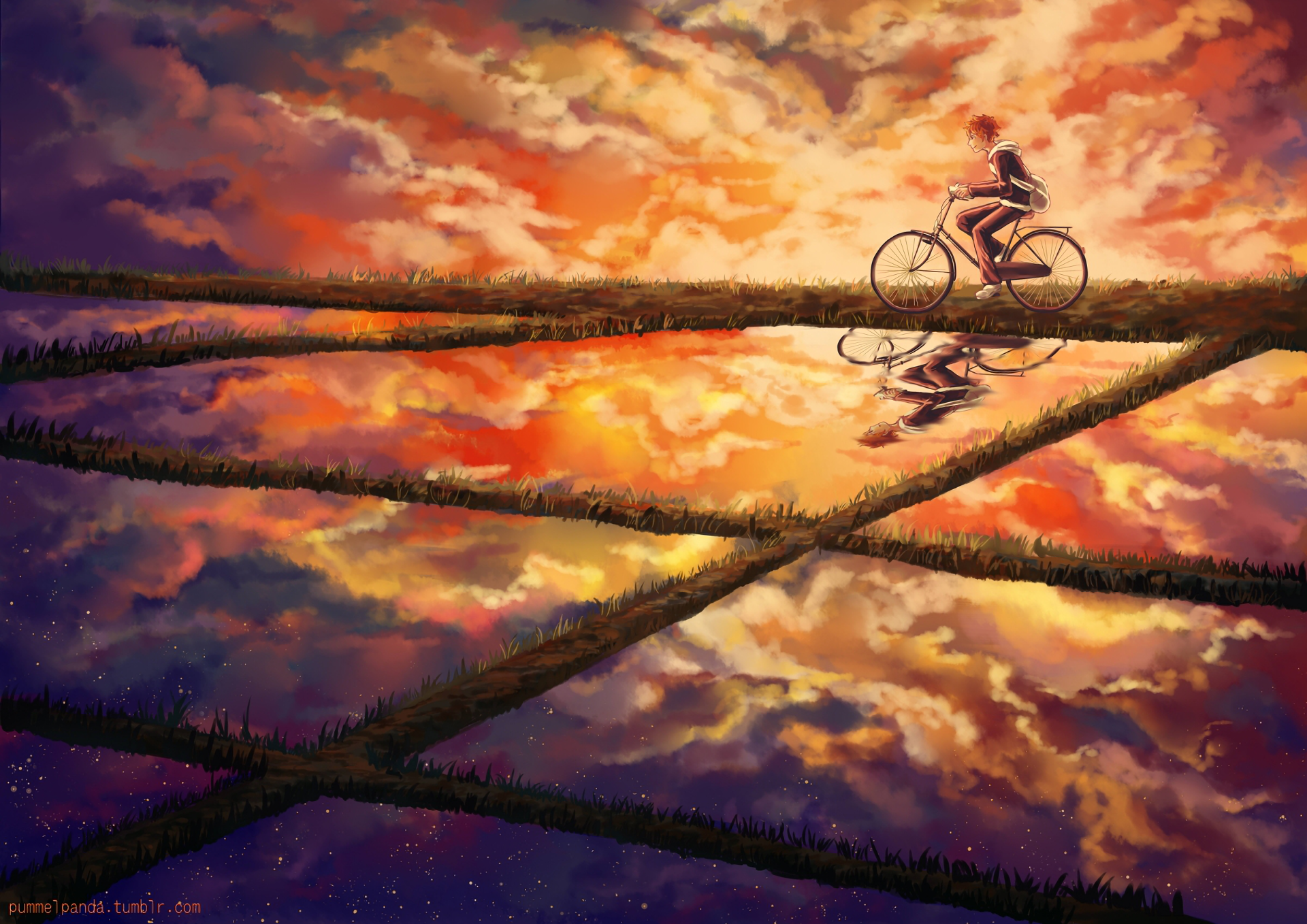 HD desktop wallpaper featuring Shōyō Hinata from Haikyū!! riding a bicycle on a path against a stunning sunset sky reflected in water below.