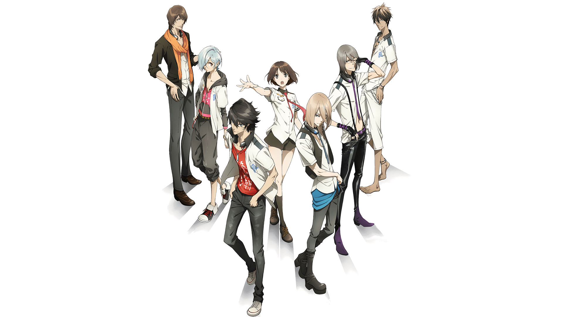 Anime HD PC desktop wallpaper of Scared Rider Xechs: seven stylish characters posed together on a clean white background, conveying tension and camaraderie.