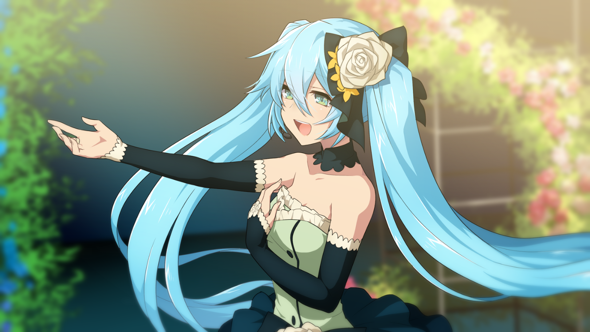 HD anime wallpaper featuring Hatsune Miku from Vocaloid with flowing blue twin-tails, a black and green dress, and a white rose hair accessory in a vibrant outdoor setting.
