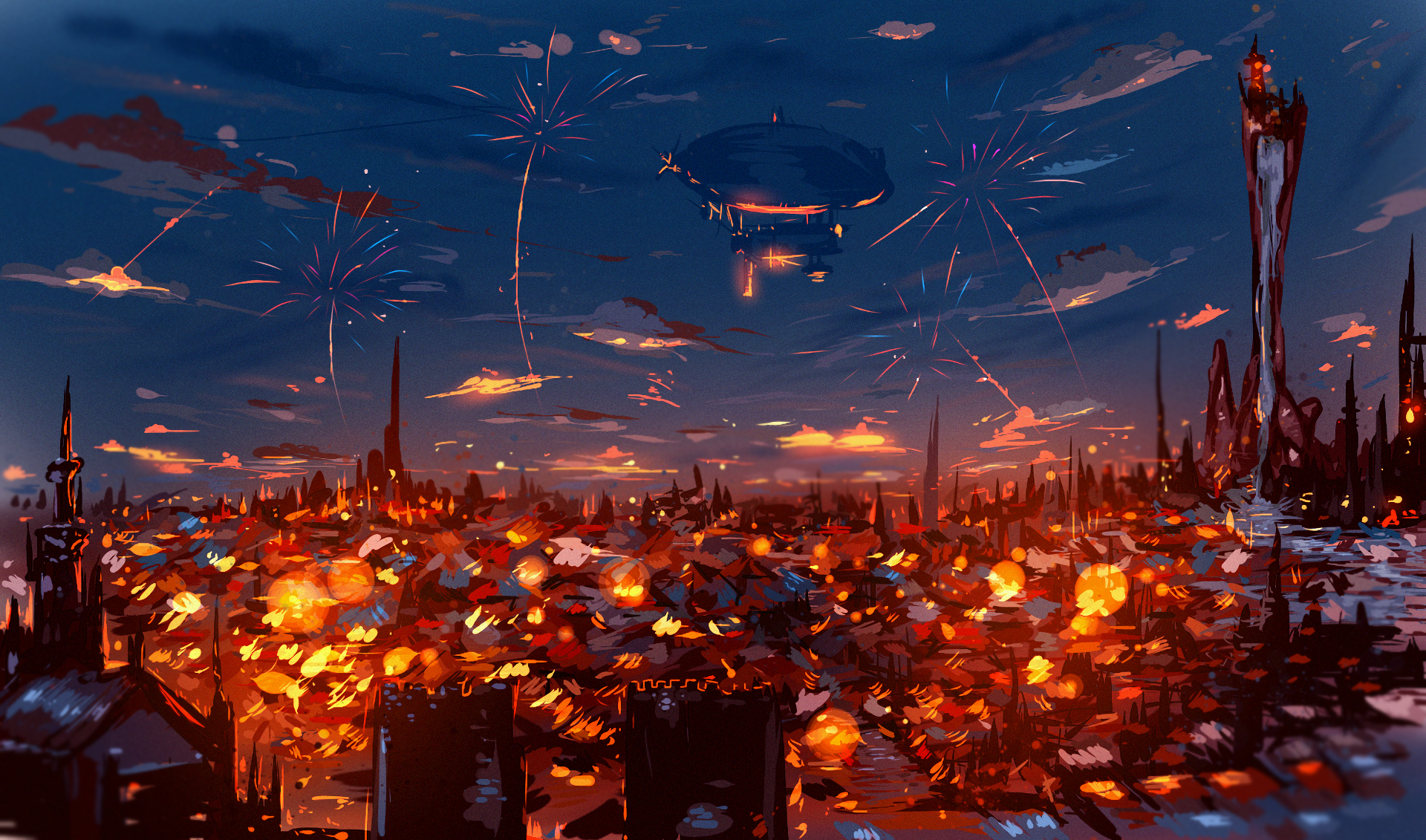 A vibrant fantasy landscape at dusk, featuring a sprawling city aglow with lights and fireworks, set against a dramatic sky. An enchanting HD desktop wallpaper that captivates.
