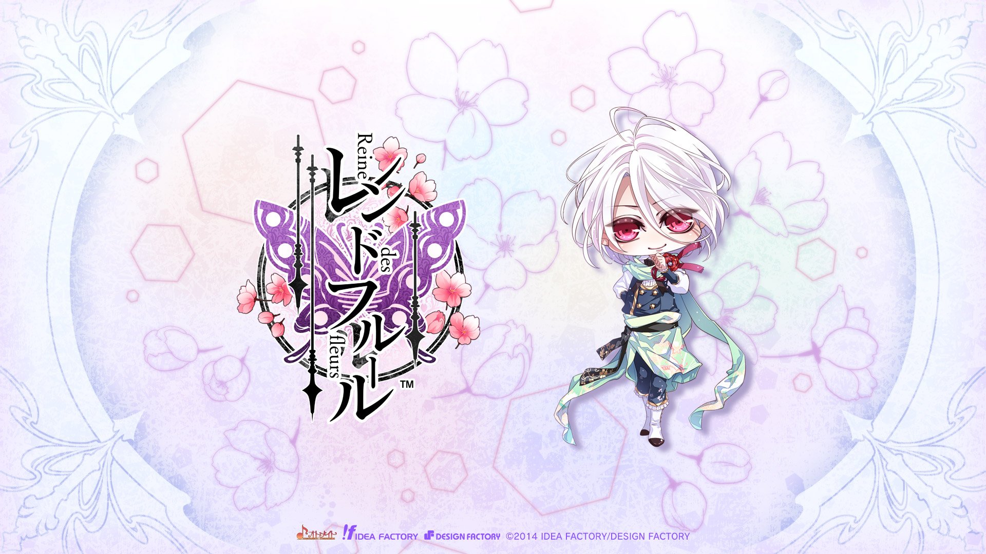Anime HD PC desktop wallpaper: chibi white-haired Reine des Fleurs character in a pastel floral background with decorative logo and soft hexagon accents.