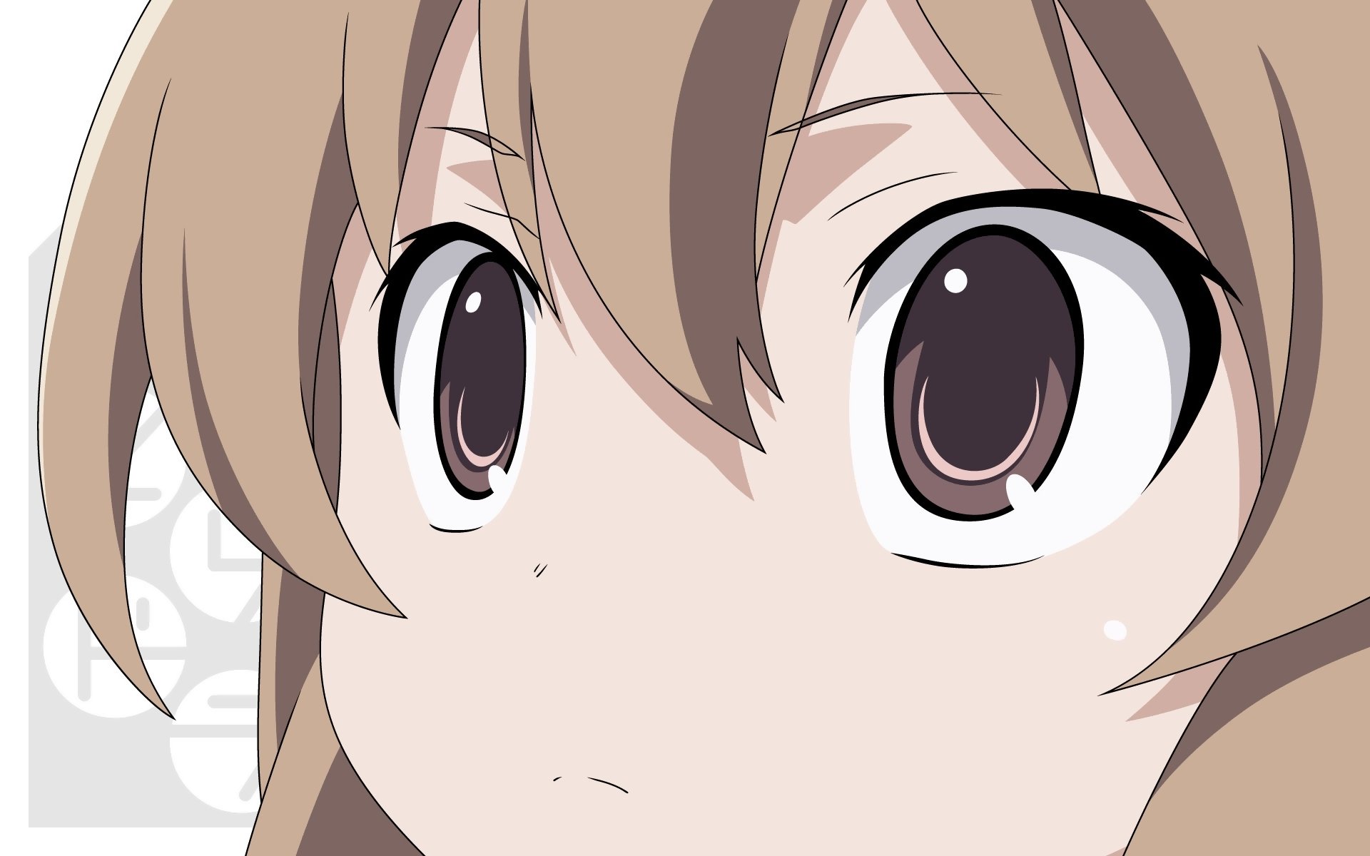Close-up of Taiga Aisaka from Toradora!, anime HD desktop wallpaper featuring her large brown eyes, soft brown hair, and a quiet, determined expression.