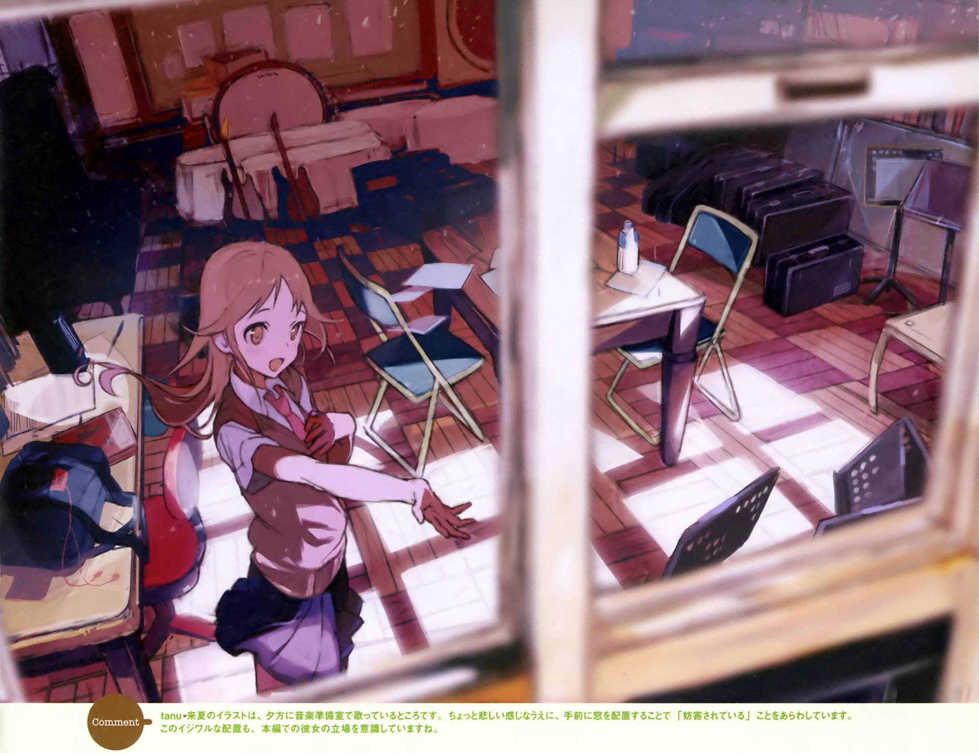 HD anime desktop wallpaper from Tari Tari featuring a girl reaching out inside a sunlit, cluttered music classroom with chairs, instruments, and sheet music scattered around.