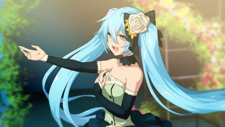 HD anime wallpaper featuring Hatsune Miku from Vocaloid with flowing blue twin-tails, a black and green dress, and a white rose hair accessory in a vibrant outdoor setting.
