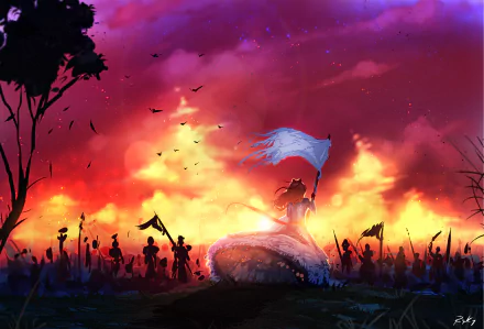 HD fantasy wallpaper featuring a woman holding a flag, surrounded by a spectacular, fiery battlefield at sunset.