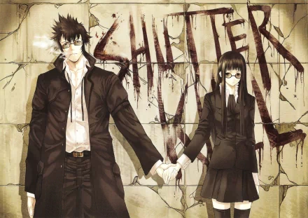 HD PC desktop wallpaper featuring anime characters from Speed Grapher holding hands against a cracked wall with SHIFTER written in bold, dark letters.