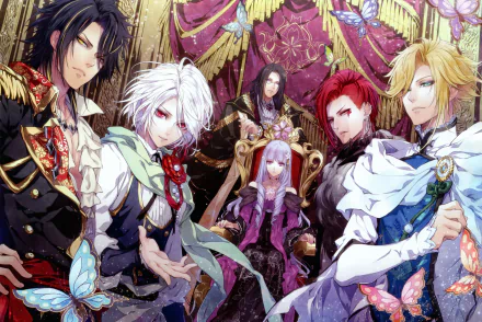 Anime 8K Ultra HD PC desktop wallpaper and background Reine des Fleurs — a purple‑haired queen on a throne flanked by five ornate courtiers and fluttering butterflies in a gilded hall.