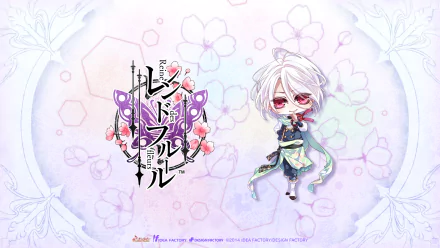 Anime HD PC desktop wallpaper: chibi white-haired Reine des Fleurs character in a pastel floral background with decorative logo and soft hexagon accents.