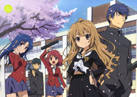 HD desktop wallpaper featuring Yusaku Kitamura, Ryuuji Takasu, Taiga Aisaka, Minori Kushieda, and Ami Kawashima from the anime Toradora! in a school setting with cherry blossoms in the background.