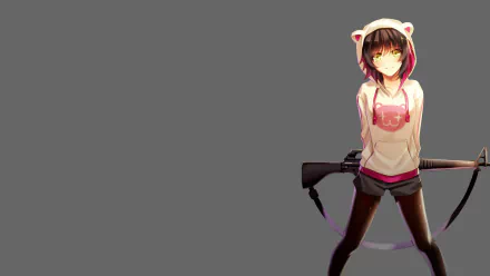 Anime character in a hoodie with ears, wielding an M16 rifle. She has short hair and wears shorts with pantyhose, set against a simple gray background. High-definition wallpaper.
