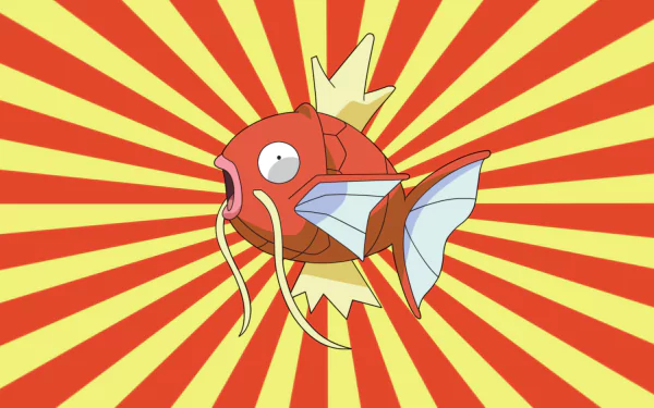 HD PC desktop wallpaper featuring Magikarp from the Pokémon anime, set against a vibrant red and yellow sunburst background.