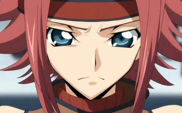 A striking HD desktop wallpaper featuring Kallen Kōzuki from the anime Code Geass, showcasing her intense expression and vibrant red hair against a dynamic background.
