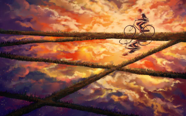 HD desktop wallpaper featuring Shōyō Hinata from Haikyū!! riding a bicycle on a path against a stunning sunset sky reflected in water below.