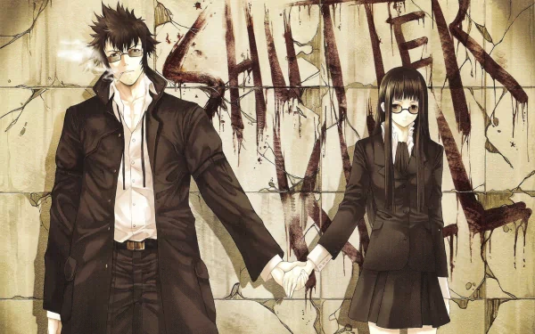 HD PC desktop wallpaper featuring anime characters from Speed Grapher holding hands against a cracked wall with SHIFTER written in bold, dark letters.