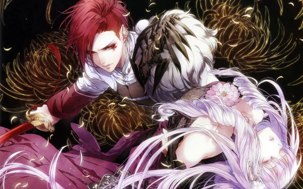 Anime-style 4K Ultra HD desktop wallpaper featuring characters from Reine des Fleurs with intricate outfits and dynamic poses against a dark, floral background.