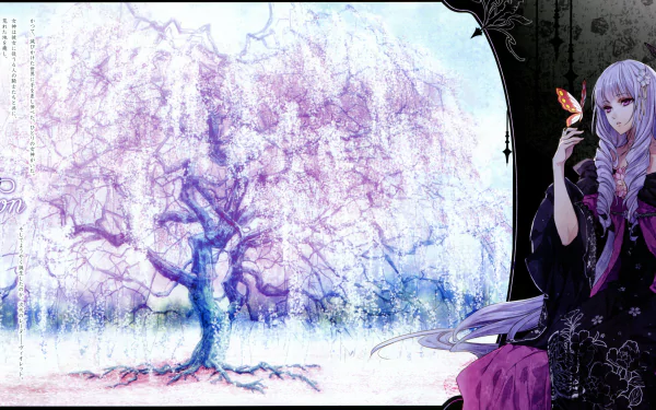 Anime scene featuring a character near a stylized tree, showcasing vibrant colors and intricate details. An 8K Ultra HD wallpaper titled Reine des Fleurs.