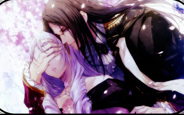 Anime Reine des Fleurs 5K Ultra HD PC desktop wallpaper: dark-haired character tenderly kisses a pale lilac-haired companion beneath falling cherry blossoms.