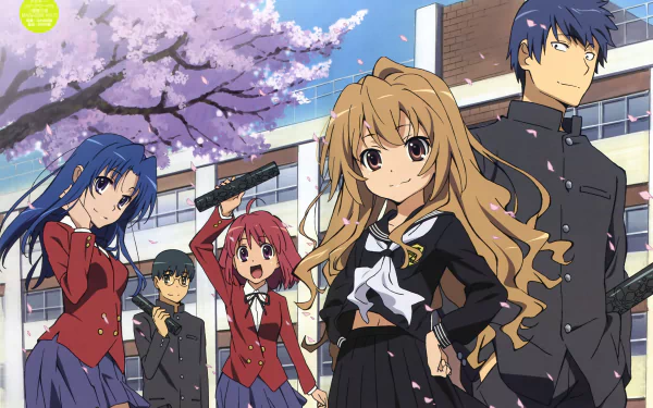 HD desktop wallpaper featuring Yusaku Kitamura, Ryuuji Takasu, Taiga Aisaka, Minori Kushieda, and Ami Kawashima from the anime Toradora! in a school setting with cherry blossoms in the background.