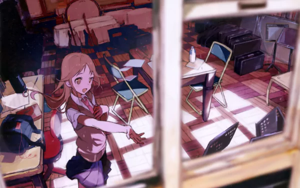 HD anime desktop wallpaper from Tari Tari featuring a girl reaching out inside a sunlit, cluttered music classroom with chairs, instruments, and sheet music scattered around.