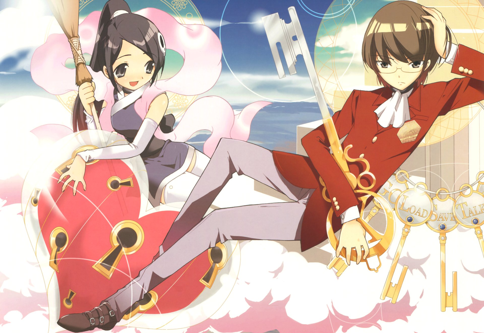 Anime-style 8K Ultra HD wallpaper from The World God Only Knows featuring two characters floating with large keys and heart-shaped elements against a bright sky background.