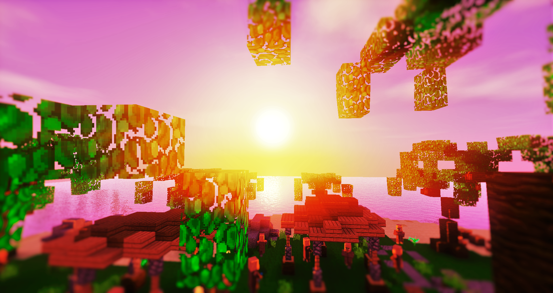 HD Minecraft PC desktop wallpaper showcasing a vibrant sunrise over blocky trees and terrain in the iconic pixelated video game world.