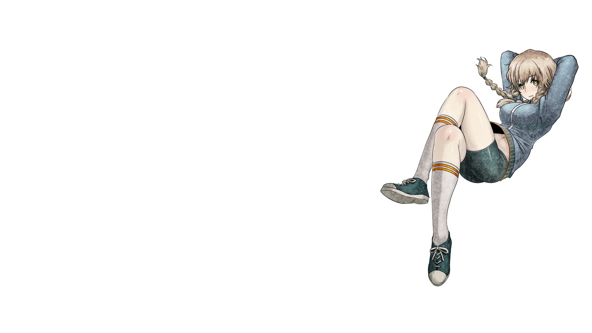 Anime-style HD desktop wallpaper featuring a character from Steins;Gate floating against a white background, showcasing detailed art and vibrant colors.