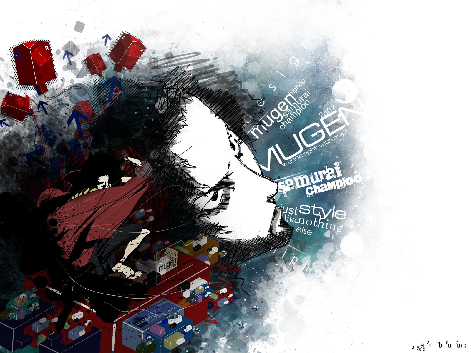 A vibrant HD wallpaper featuring Mugen from Samurai Champloo, with an artistic blend of colors and dynamic elements that capture the essence of the anime's style.