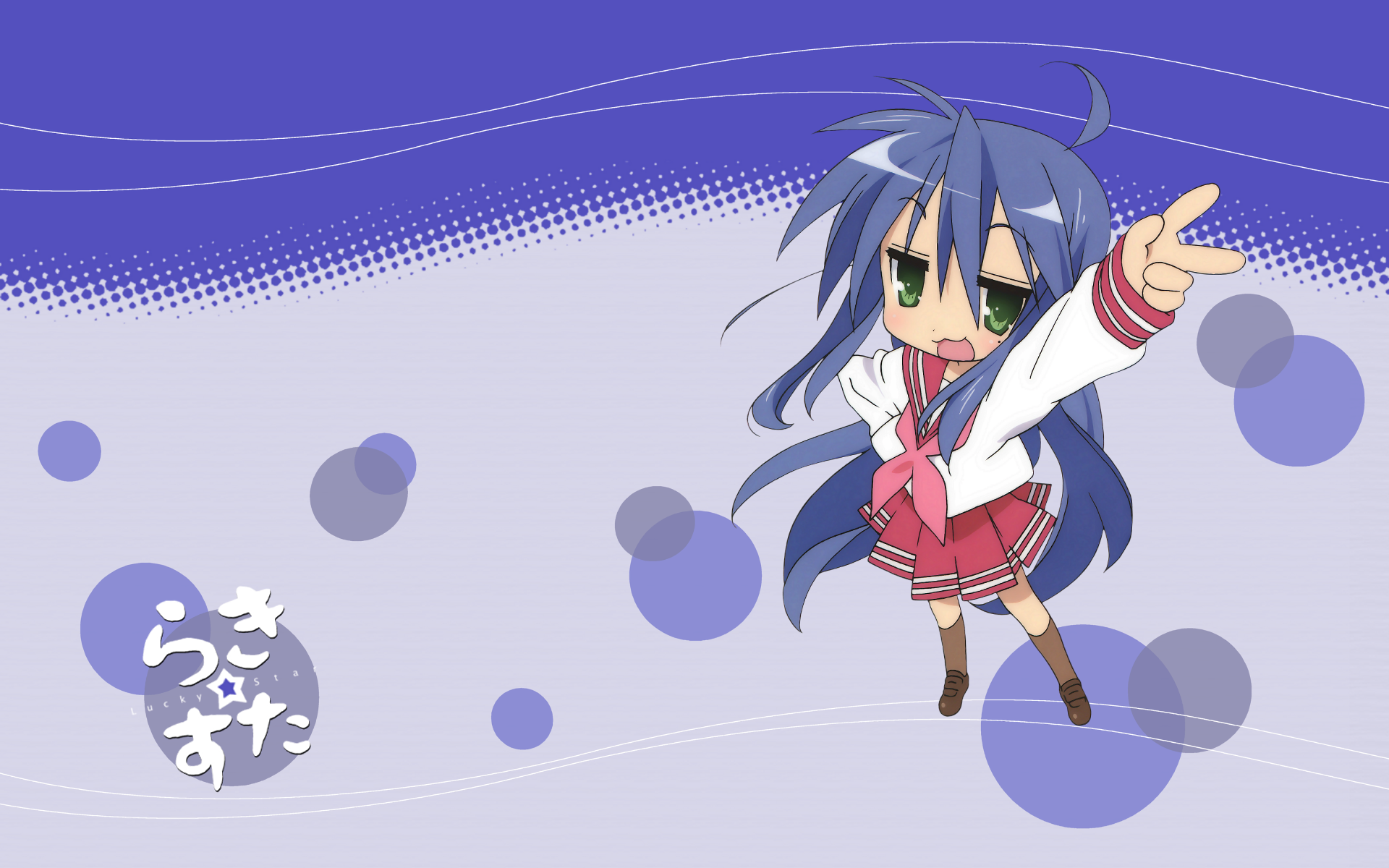 HD PC desktop wallpaper of Konata Izumi (Lucky Star): chibi anime girl in school uniform with blue hair and green eyes pointing against a purple dotted background.
