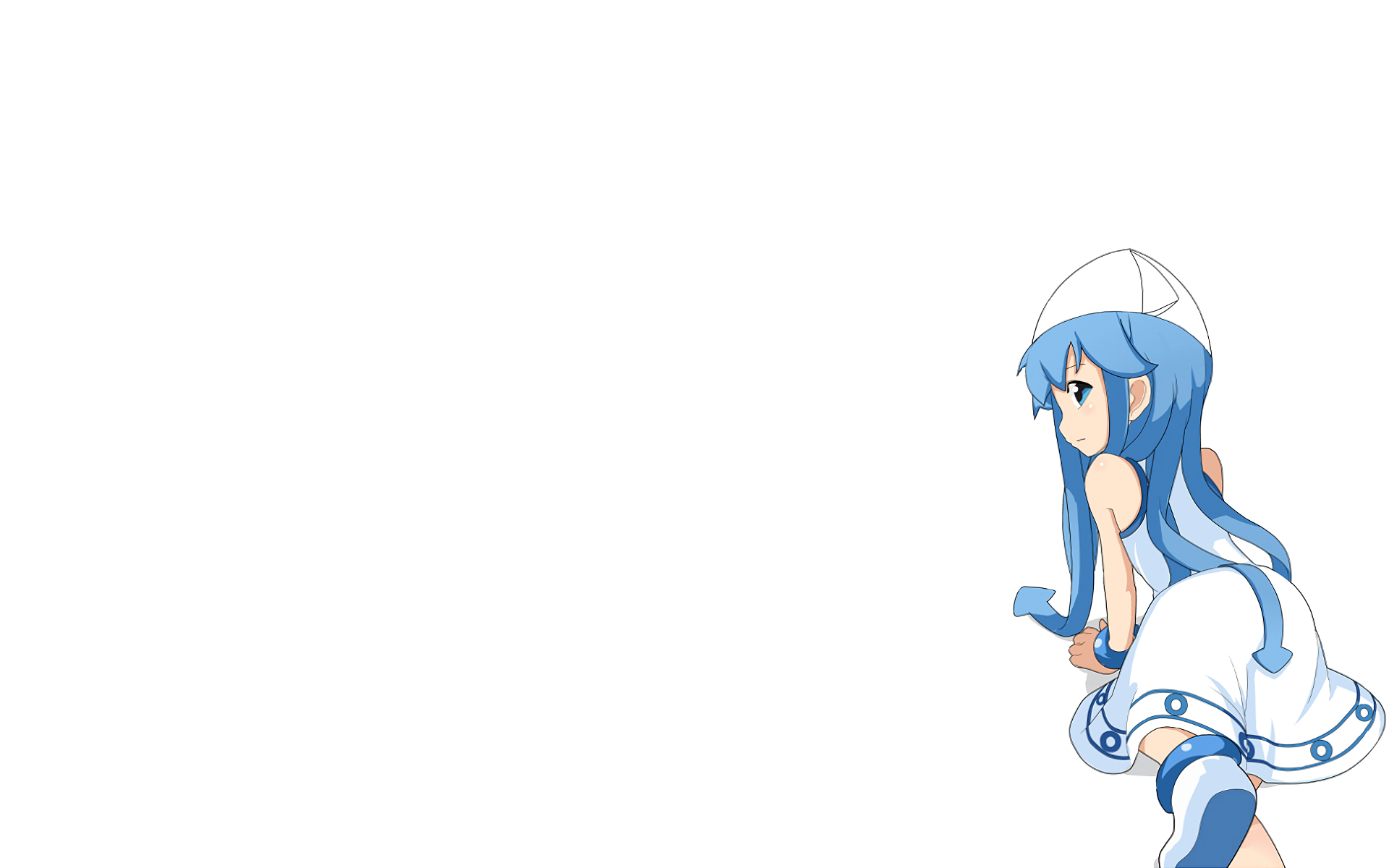 HD anime desktop wallpaper featuring Ika Musume, the blue-haired Squid Girl, positioned on the right against a clean white background.