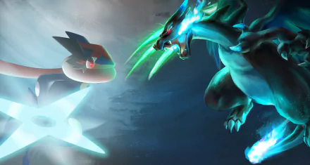 HD desktop wallpaper featuring intense battle between Ash-Greninja and Mega Charizard X from Pokémon anime, set against a dramatic background.