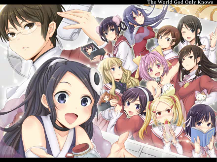 A vibrant HD wallpaper featuring characters from the anime The World God Only Knows, showcasing a dynamic group with playful expressions and diverse personalities in a colorful setting.