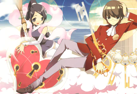 Anime-style 8K Ultra HD wallpaper from The World God Only Knows featuring two characters floating with large keys and heart-shaped elements against a bright sky background.