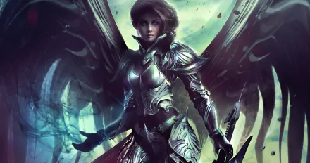 A majestic angel warrior stands confidently, adorned in ornate armor with grand wings, set against a fantasy backdrop in vibrant colors. This 4K Ultra HD wallpaper captures a captivating ethereal presence.