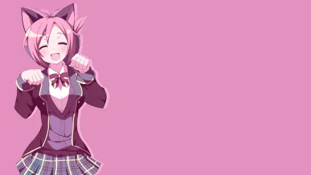 A cheerful cat girl character with pink hair and cat ears wears a school uniform against a vibrant pink background, making this a charming HD anime wallpaper.