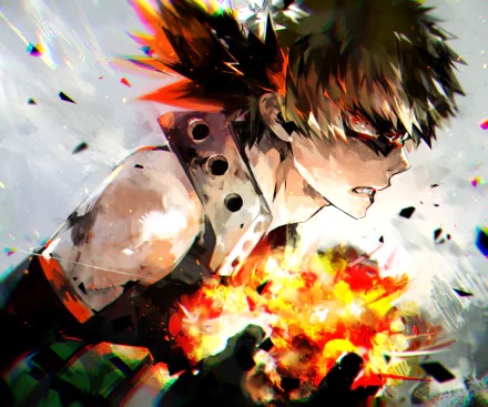 HD desktop wallpaper featuring Katsuki Bakugou from the anime My Hero Academia, showcasing an intense action scene with Bakugou unleashing an explosive attack.