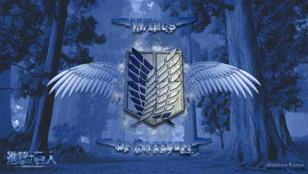 A striking HD desktop wallpaper featuring the Wings of Freedom emblem from the Scouting Legion in Attack on Titan, set against a serene blue forest backdrop.