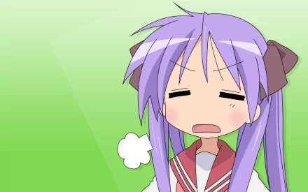 HD anime wallpaper featuring Kagami Hiiragi from Lucky Star with a green background and an exasperated expression.