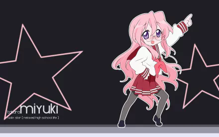 HD anime desktop wallpaper featuring Miyuki Takara from Lucky Star, set against a dark background with outlined star shapes.