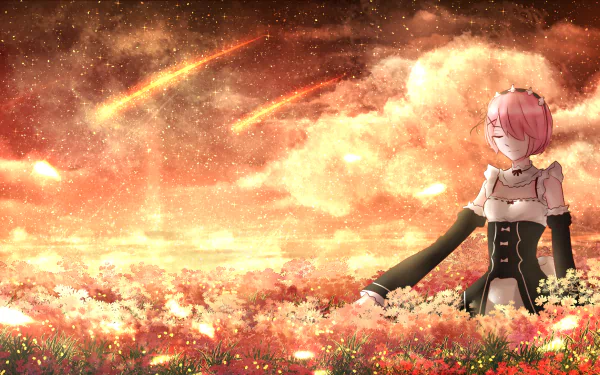 An HD wallpaper featuring Ram from Re:Zero - Starting Life in Another World, set against a vibrant floral landscape with a dramatic sky and shooting stars.