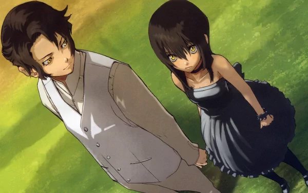 Anime characters from Baccano! stand hand in hand on a vibrant green background, showcasing a unique blend of style and emotion in this HD PC desktop wallpaper.