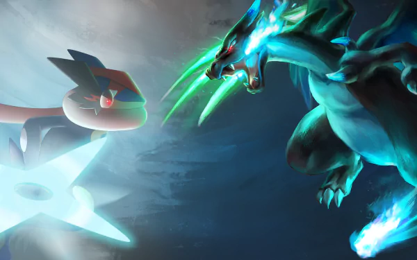 HD desktop wallpaper featuring intense battle between Ash-Greninja and Mega Charizard X from Pokémon anime, set against a dramatic background.