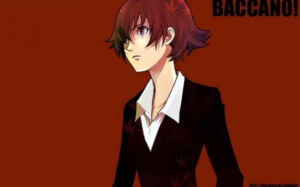 HD PC desktop wallpaper featuring an anime character from Baccano! with red hair and a black suit against a solid red background.