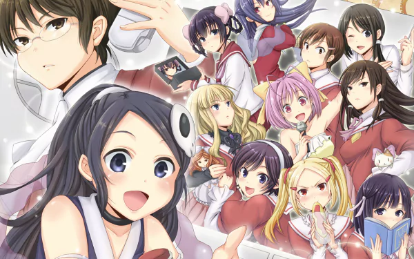 A vibrant HD wallpaper featuring characters from the anime The World God Only Knows, showcasing a dynamic group with playful expressions and diverse personalities in a colorful setting.