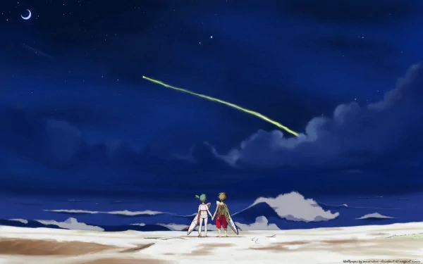 HD anime desktop wallpaper from Eureka Seven, featuring two characters standing on a sandy beach under a starry night sky with a glowing comet streaking across.